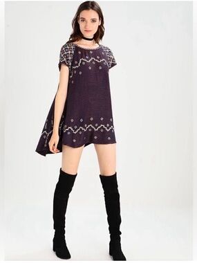 Free People In The Clouds Dark Knit Embroidered Tunic/ Mini Dress